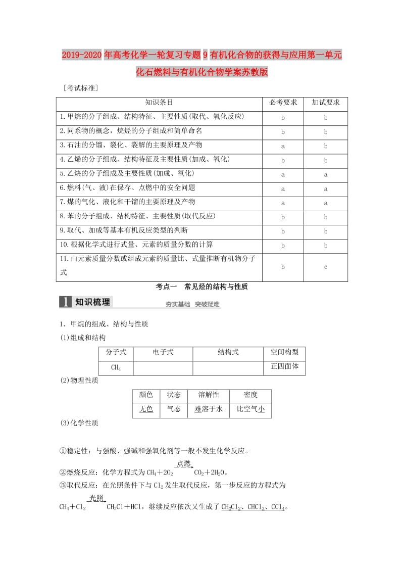 2019-2020年高考化学一轮复习专题9有机化合物的获得与应用第一单元化石燃料与有机化合物学案苏教版.doc_第1页