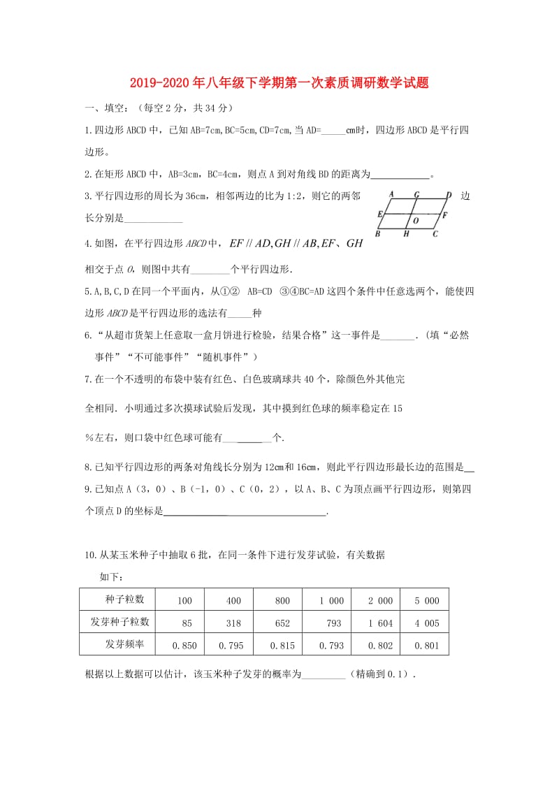 2019-2020年八年级下学期第一次素质调研数学试题.doc_第1页