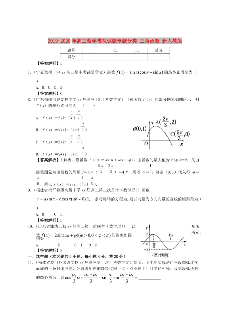 2019-2020年高三数学模拟试题专题分类 三角函数 新人教版.doc_第1页