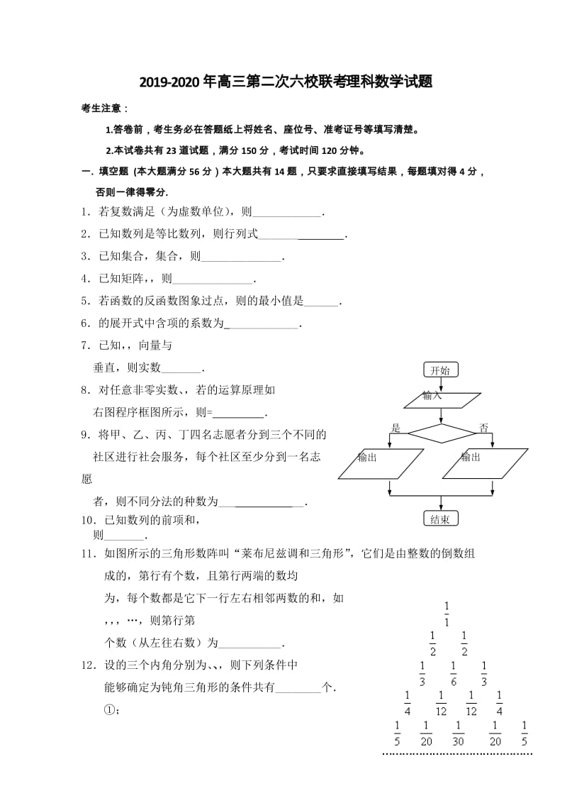 2019-2020年高三第二次六校联考 理科数学试题.doc_第1页