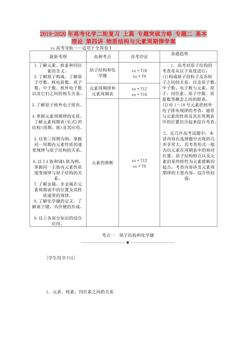 2019-2020年高考化学二轮复习 上篇 专题突破方略 专题二 基本理论 第四讲 物质结构与元素周期律学案.doc_第1页