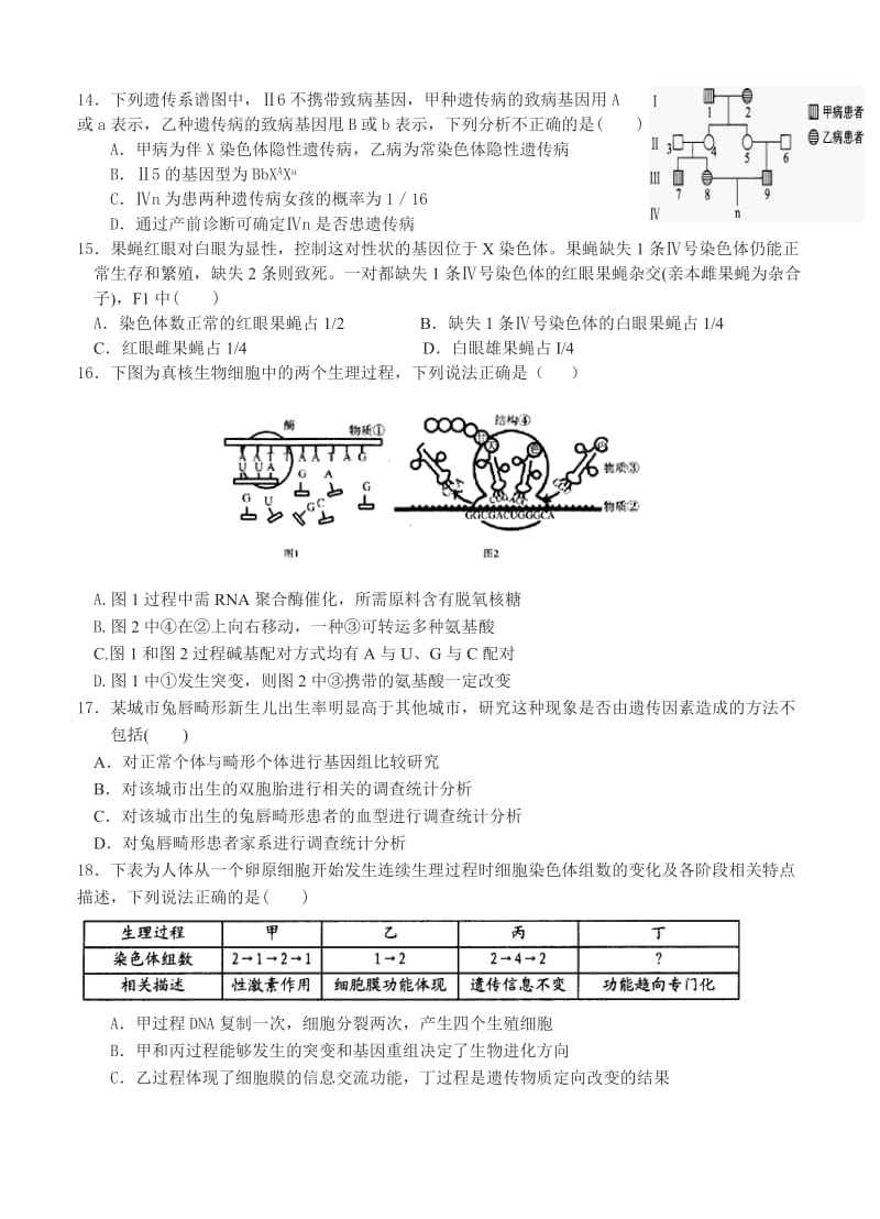 2019-2020年高三上学期第二次精英对抗赛生物试题.doc_第3页