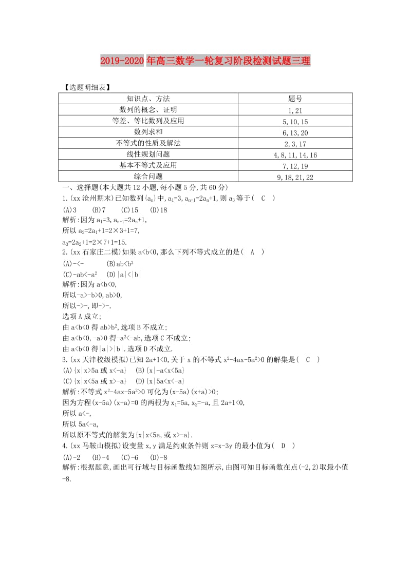 2019-2020年高三数学一轮复习阶段检测试题三理.doc_第1页