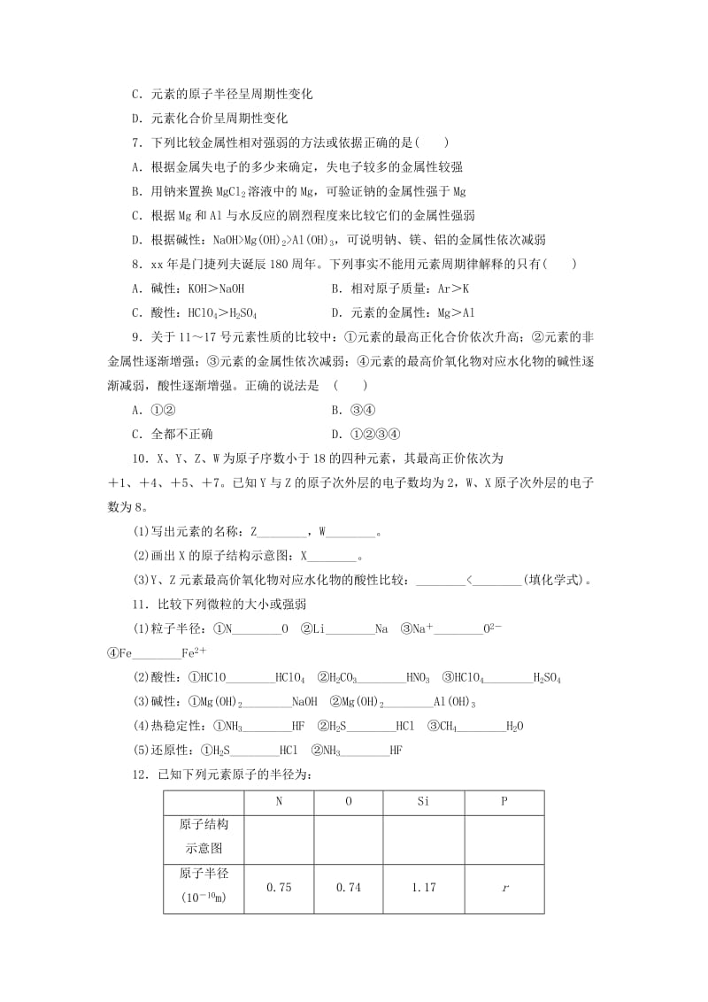 2019-2020年高中化学专题1第一单元核外电子排布与周期律第2课时元素周期律同步习题苏教版必修.doc_第2页