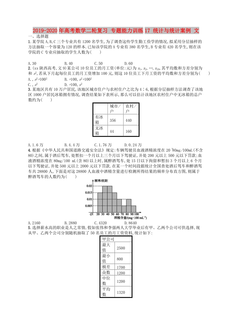 2019-2020年高考数学二轮复习 专题能力训练17 统计与统计案例 文.doc_第1页