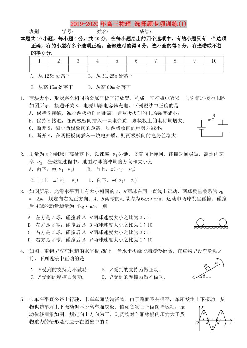 2019-2020年高三物理 选择题专项训练(1).doc_第1页