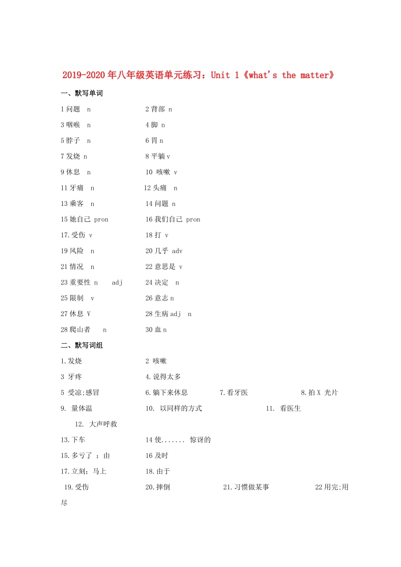 2019-2020年八年级英语单元练习：Unit 1《whats the matter》.doc_第1页