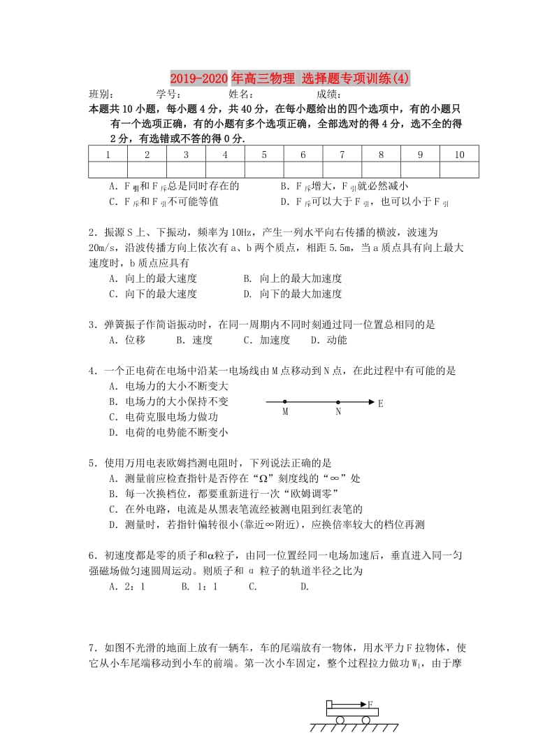 2019-2020年高三物理 选择题专项训练(4).doc_第1页