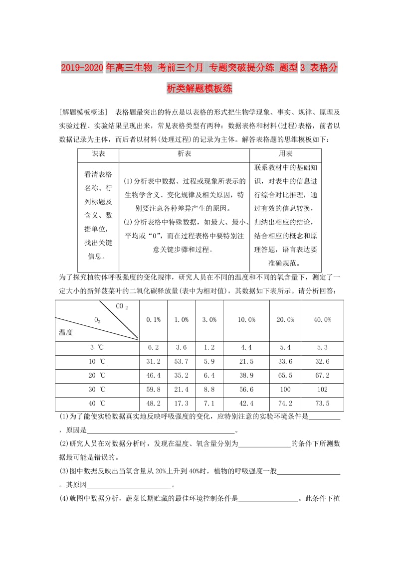 2019-2020年高三生物 考前三个月 专题突破提分练 题型3 表格分析类解题模板练.doc_第1页