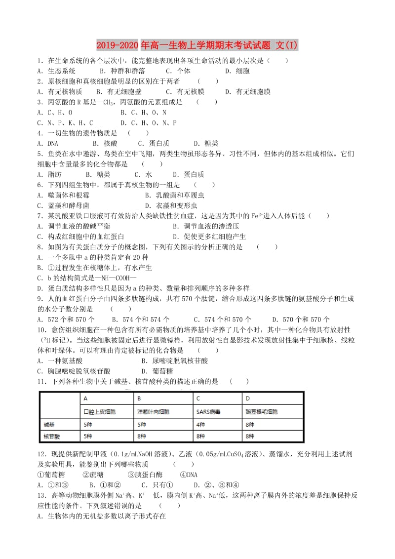 2019-2020年高一生物上学期期末考试试题 文(I).doc_第1页