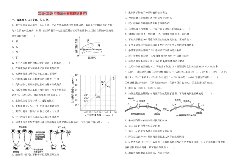 2019-2020年高三生物模拟试卷(V).doc_第1页