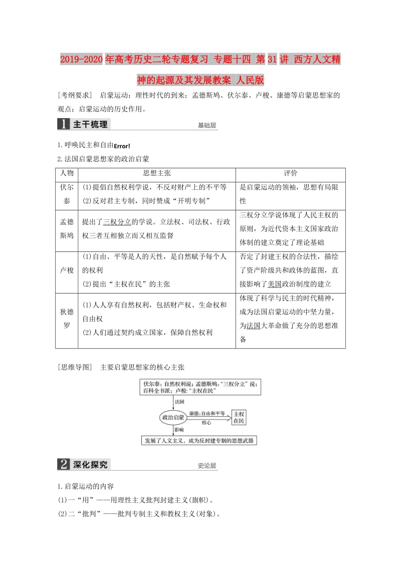 2019-2020年高考历史二轮专题复习 专题十四 第31讲 西方人文精神的起源及其发展教案 人民版.doc_第1页