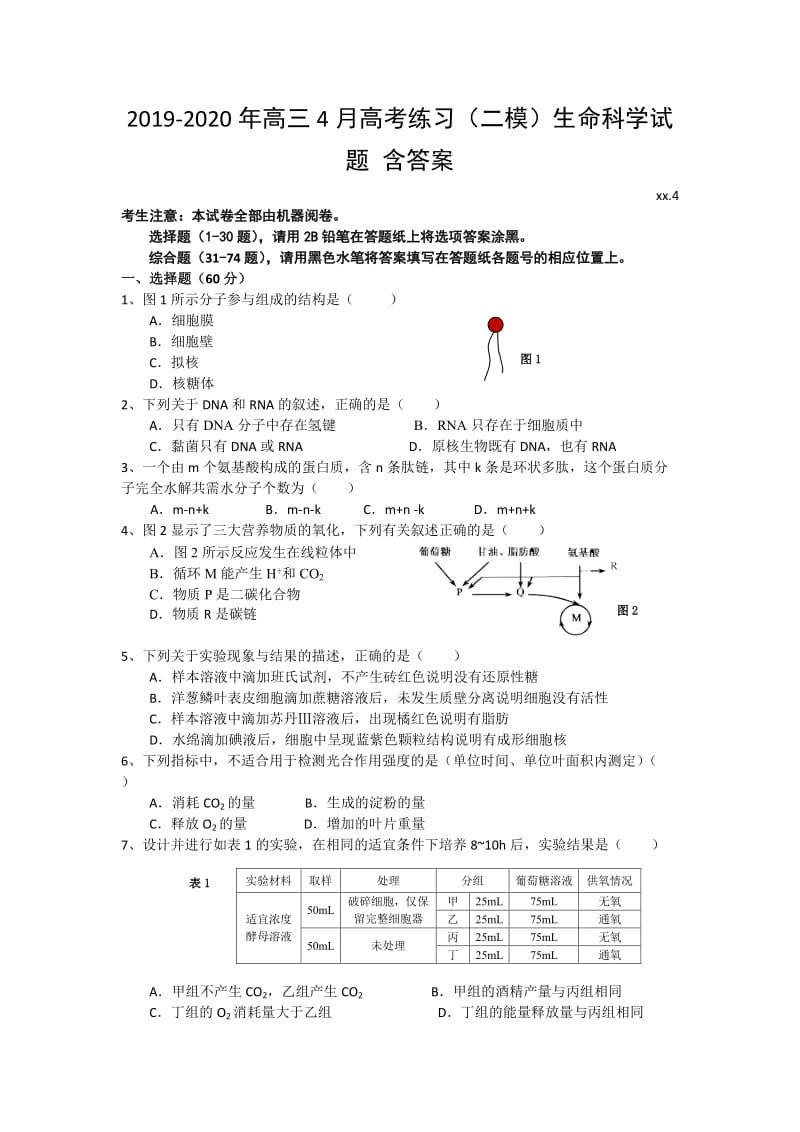 2019-2020年高三4月高考练习（二模）生命科学试题 含答案.doc_第1页