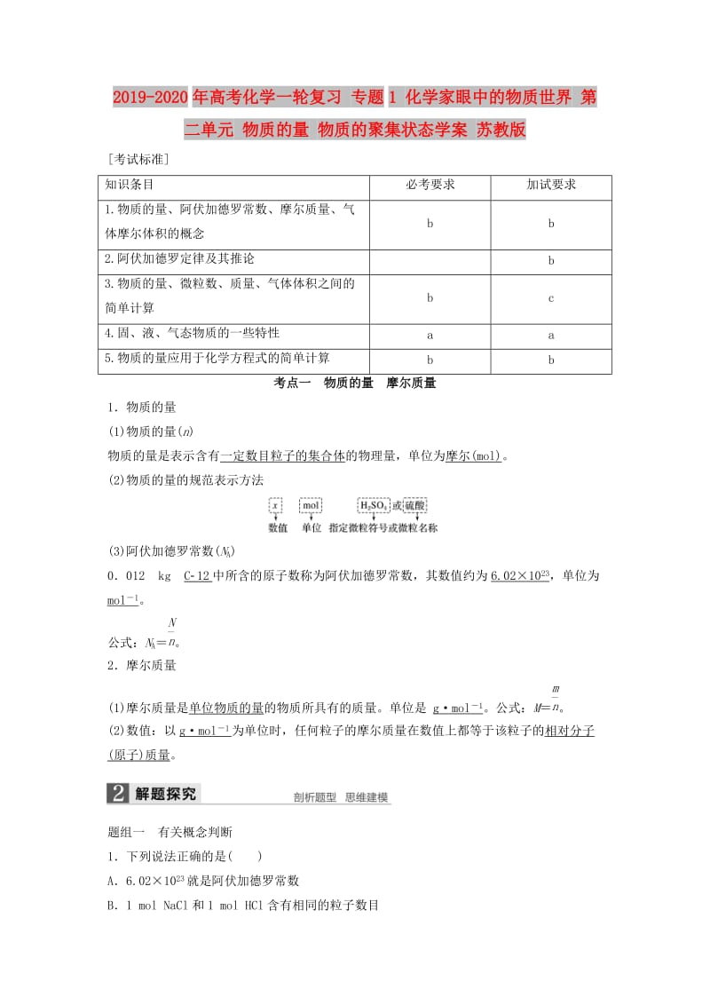 2019-2020年高考化学一轮复习 专题1 化学家眼中的物质世界 第二单元 物质的量 物质的聚集状态学案 苏教版.doc_第1页