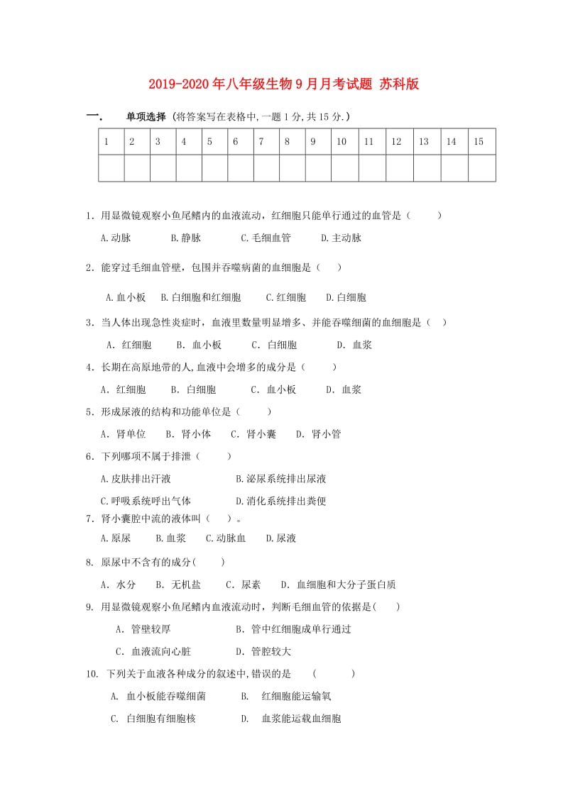 2019-2020年八年级生物9月月考试题 苏科版.doc_第1页