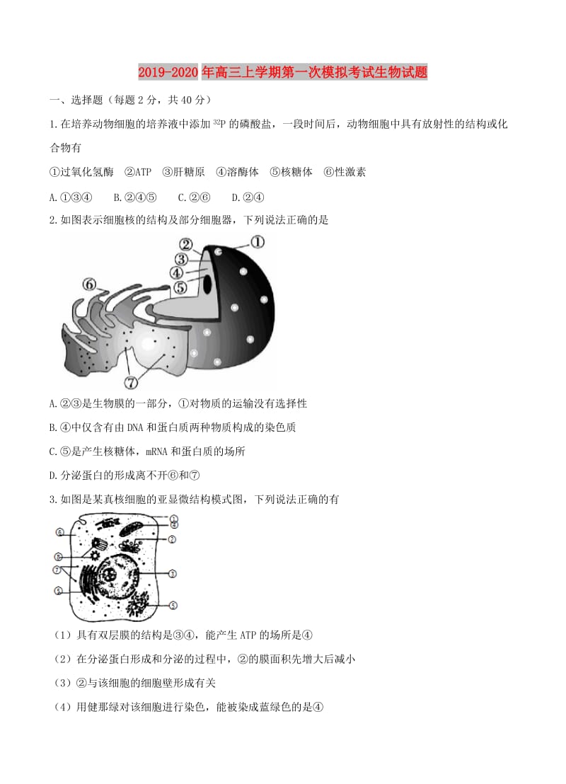 2019-2020年高三上学期第一次模拟考试生物试题.doc_第1页