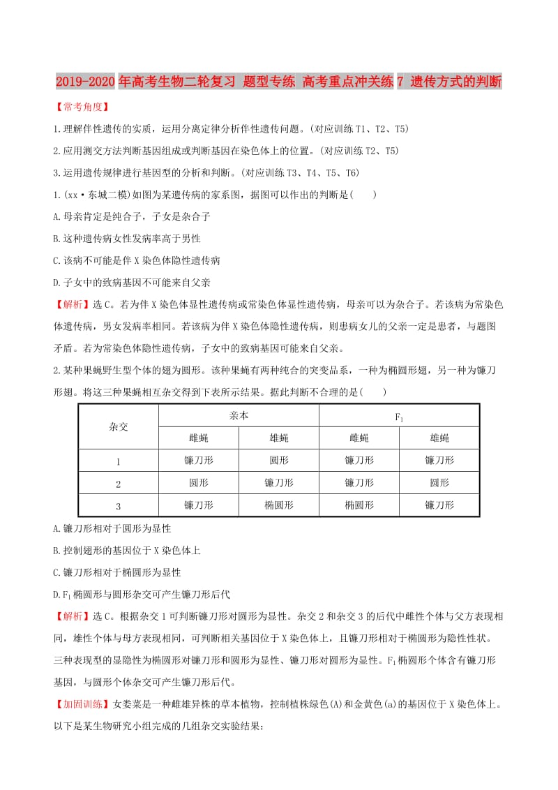 2019-2020年高考生物二轮复习 题型专练 高考重点冲关练7 遗传方式的判断.doc_第1页