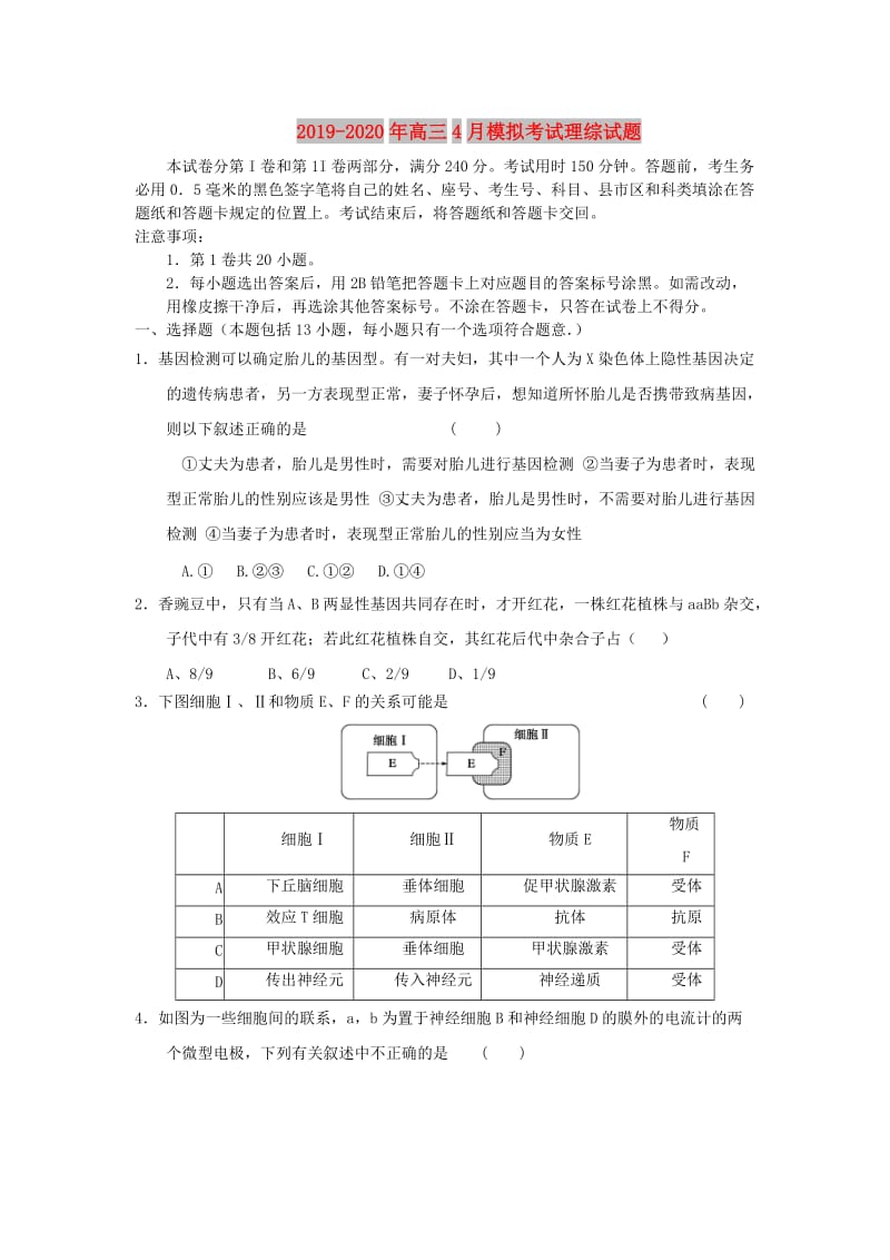 2019-2020年高三4月模拟考试理综试题.doc_第1页