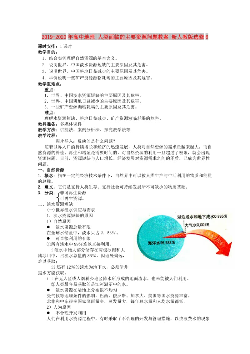 2019-2020年高中地理 人类面临的主要资源问题教案 新人教版选修6.doc_第1页