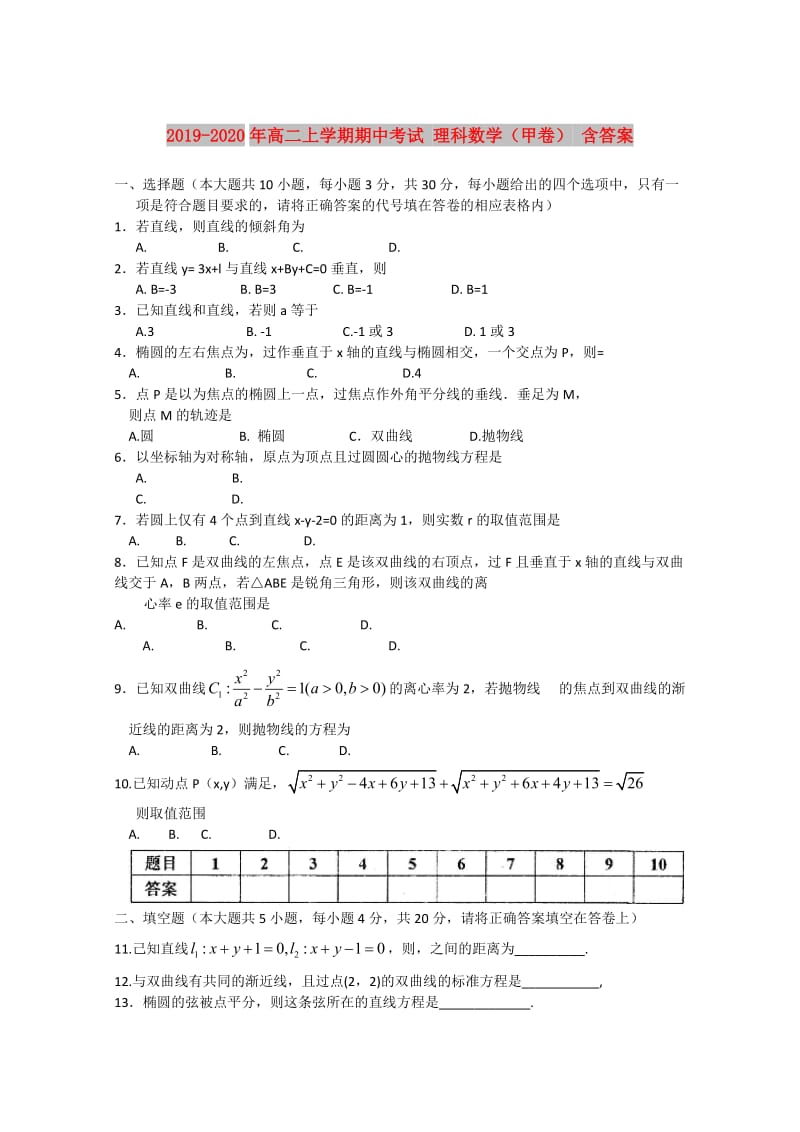 2019-2020年高二上学期期中考试 理科数学（甲卷） 含答案.doc_第1页