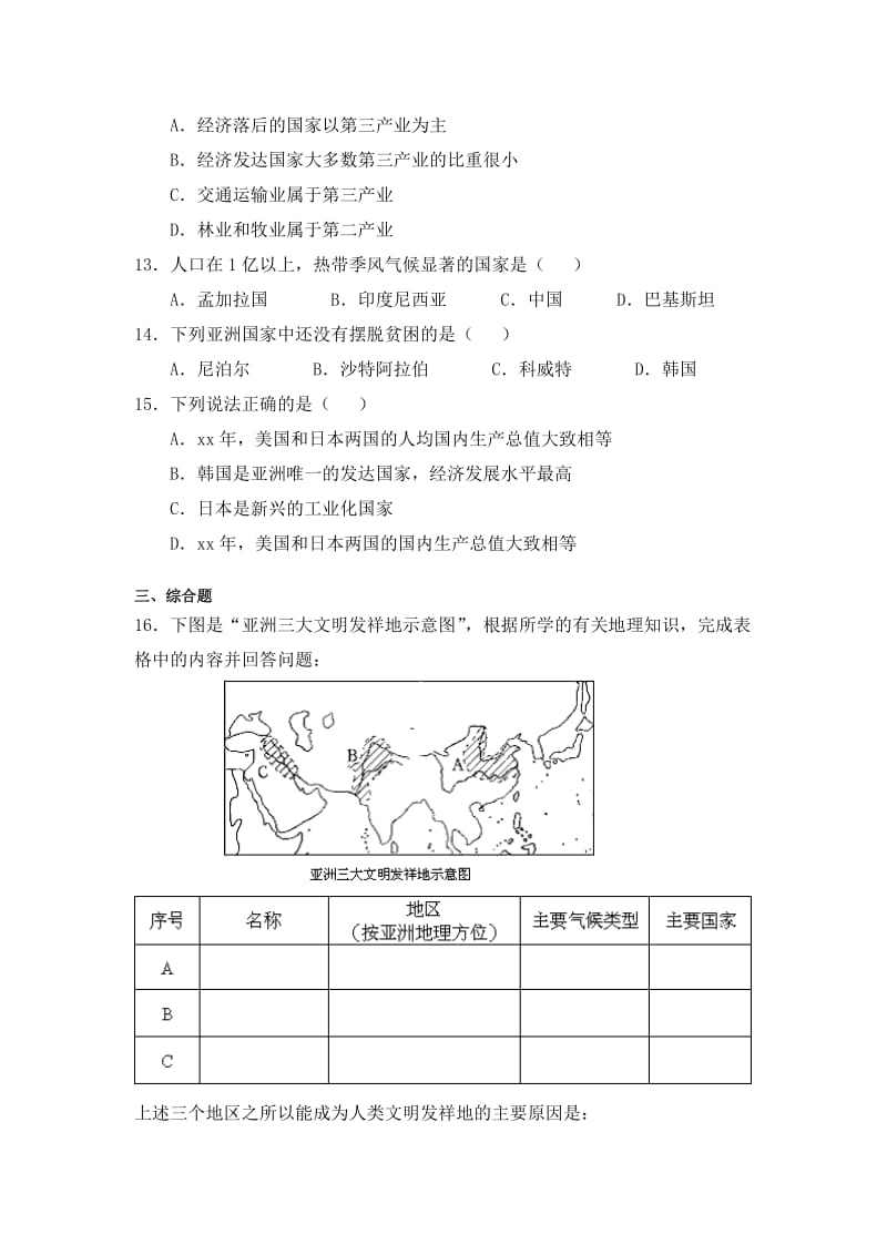 2019-2020年八年级下第5章 亚洲的人文环境 同步练习 含答案.doc_第2页