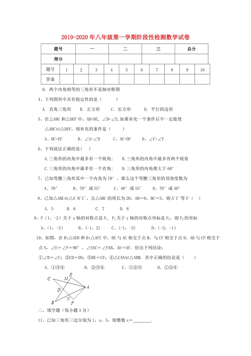 2019-2020年八年级第一学期阶段性检测数学试卷.doc_第1页