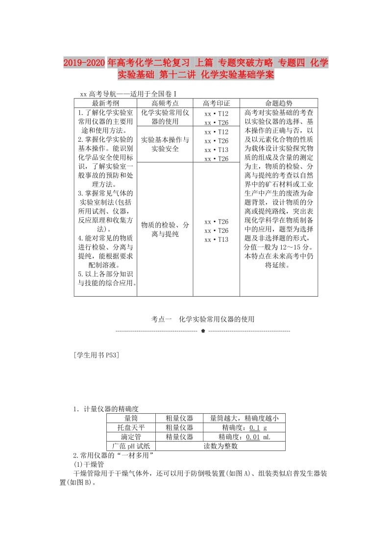 2019-2020年高考化学二轮复习 上篇 专题突破方略 专题四 化学实验基础 第十二讲 化学实验基础学案.doc_第1页