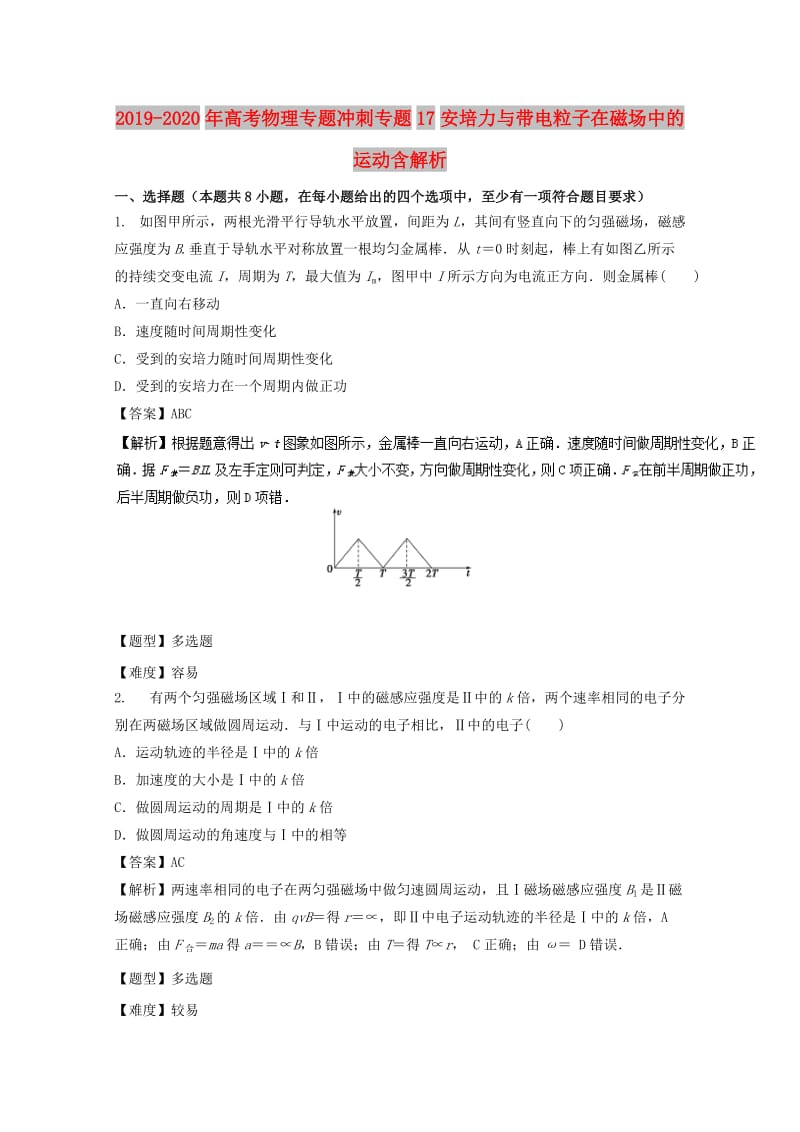 2019-2020年高考物理专题冲刺专题17安培力与带电粒子在磁场中的运动含解析.doc_第1页