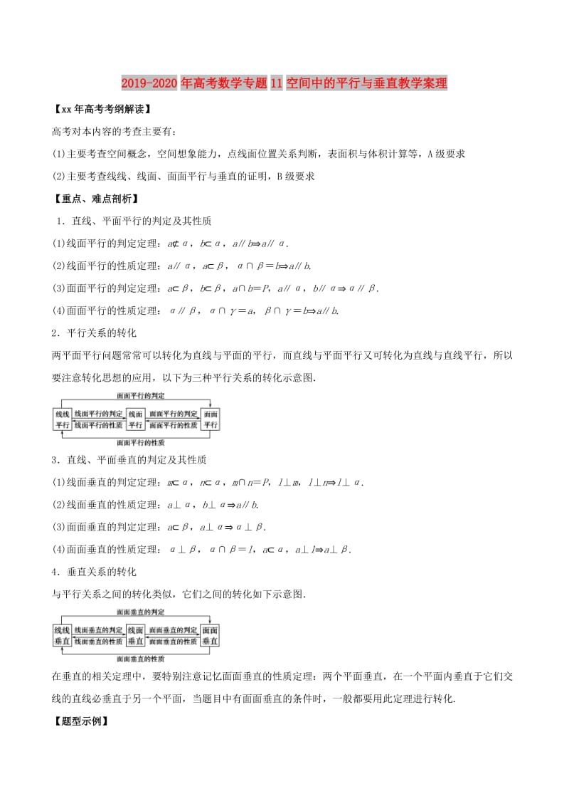 2019-2020年高考数学专题11空间中的平行与垂直教学案理.doc_第1页