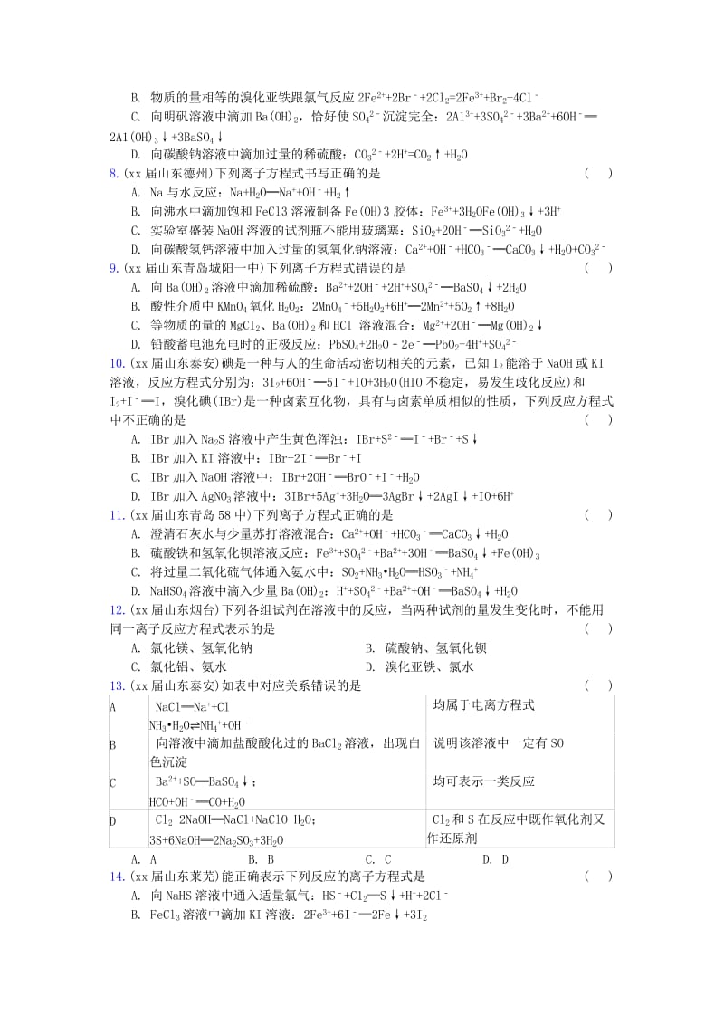 2019-2020年高三化学上学期期中专题汇编 离子方程式及书写.doc_第2页