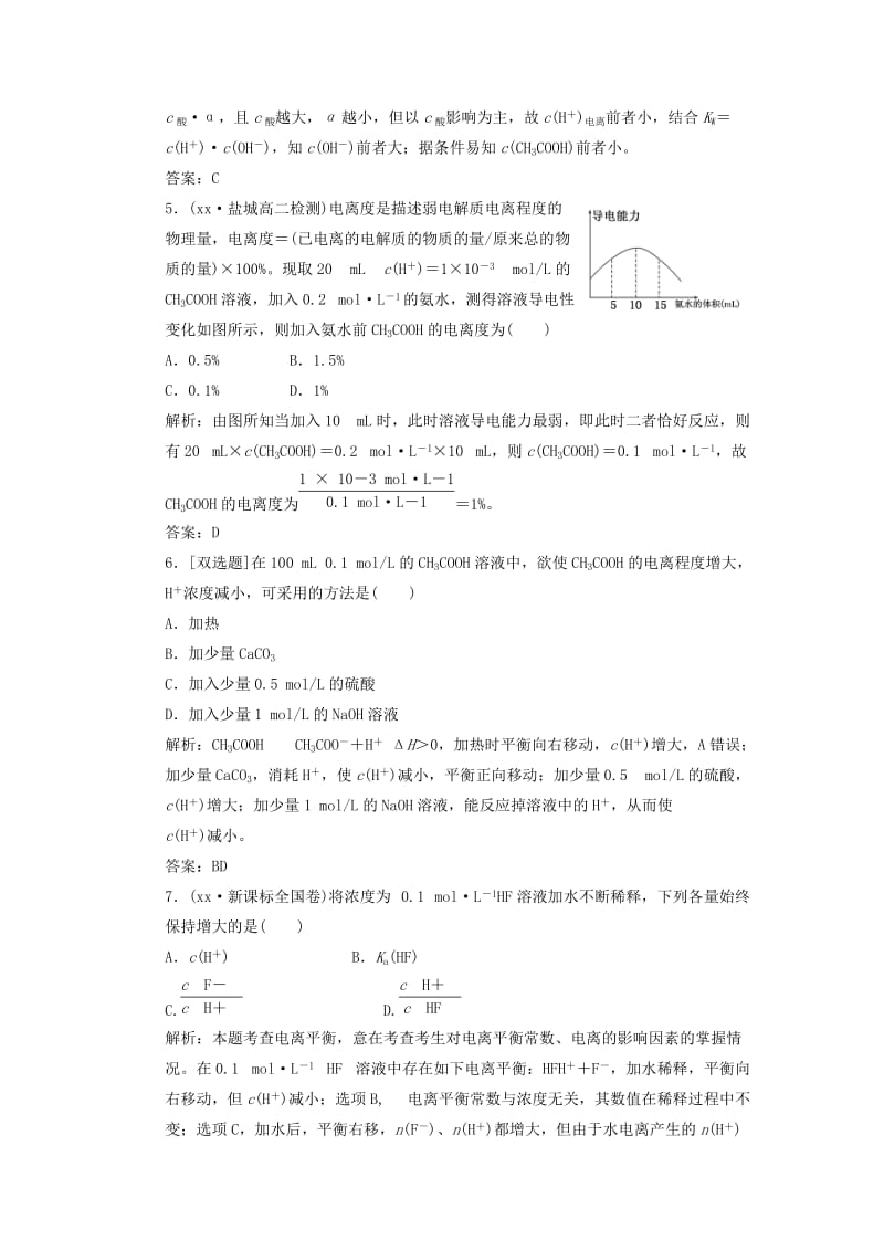 2019-2020年高中化学 第一部分 专题3 第一单元 第二课时 弱电解的电离平衡课时跟踪训练 苏教版选修4.doc_第2页