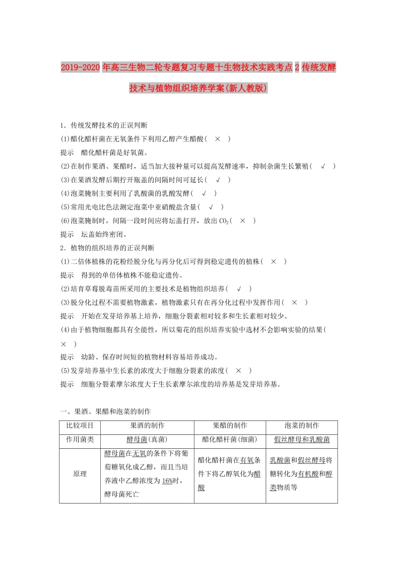 2019-2020年高三生物二轮专题复习专题十生物技术实践考点2传统发酵技术与植物组织培养学案(新人教版).doc_第1页