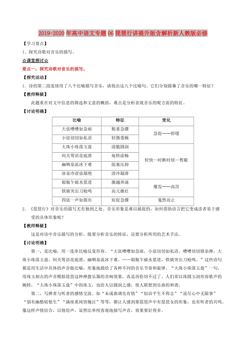 2019-2020年高中语文专题06琵琶行讲提升版含解析新人教版必修.doc_第1页