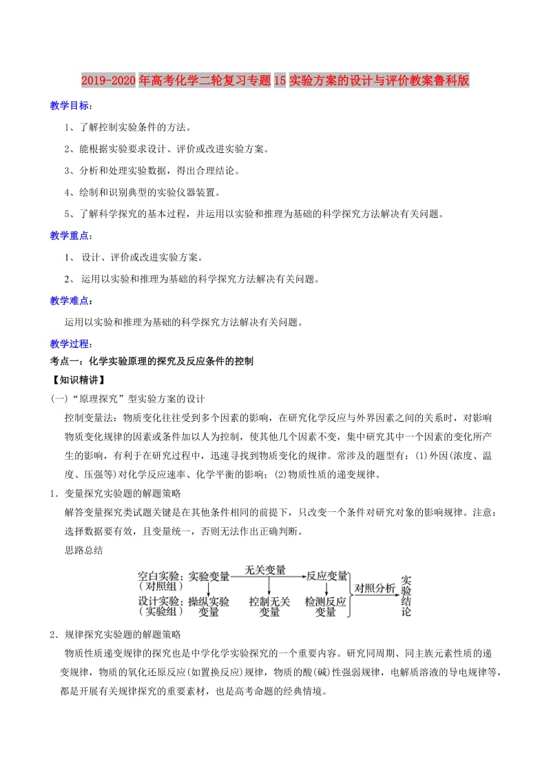 2019-2020年高考化学二轮复习专题15实验方案的设计与评价教案鲁科版 .doc_第1页