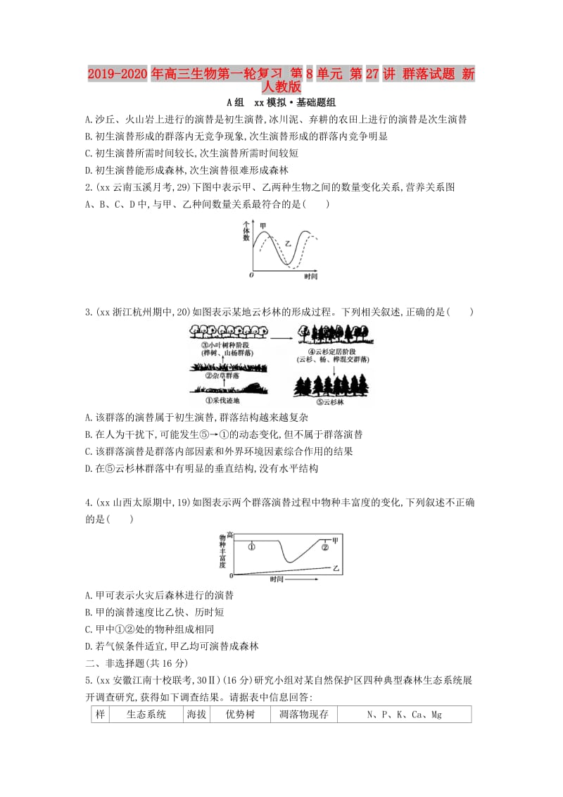 2019-2020年高三生物第一轮复习 第8单元 第27讲 群落试题 新人教版.doc_第1页