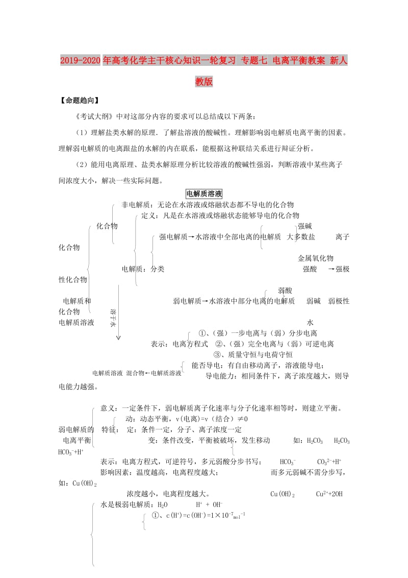 2019-2020年高考化学主干核心知识一轮复习 专题七 电离平衡教案 新人教版.doc_第1页