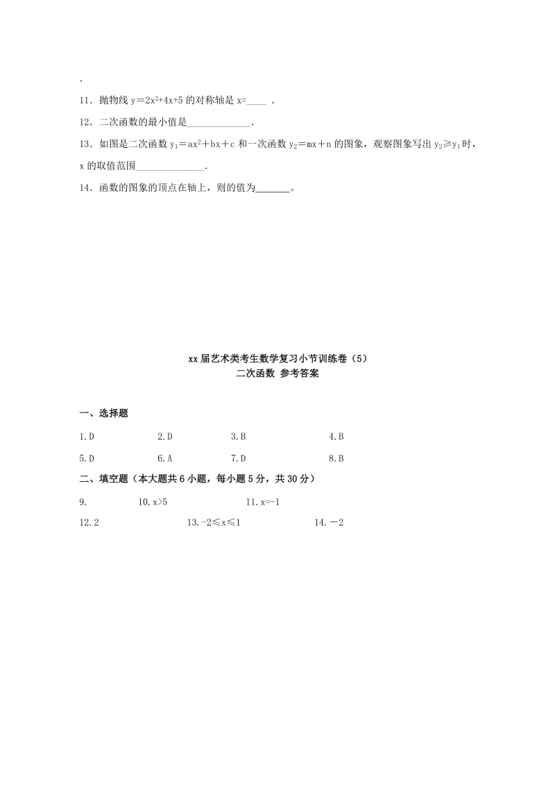 2019-2020年高考数学复习 艺术类考生小节训练卷（5）二次函数.doc_第2页