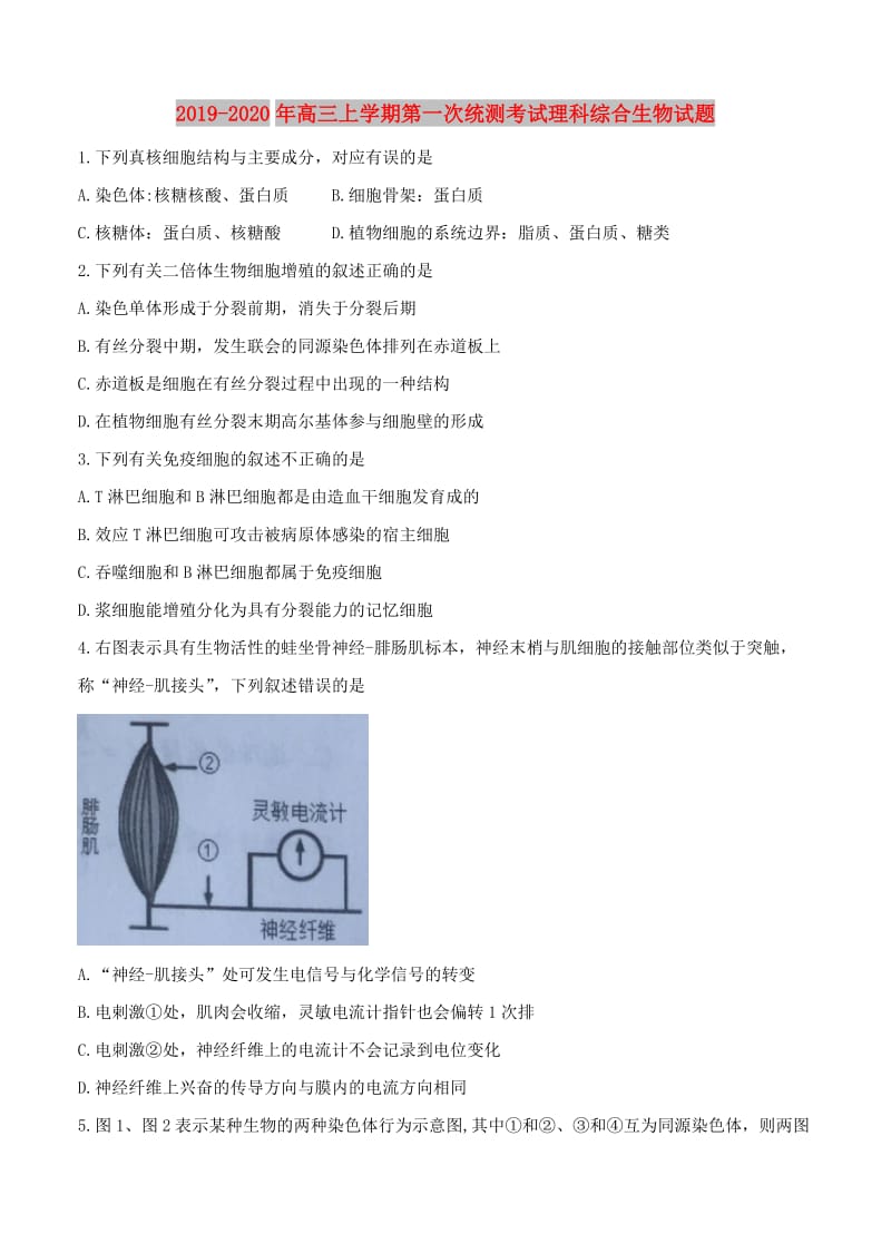 2019-2020年高三上学期第一次统测考试理科综合生物试题.doc_第1页