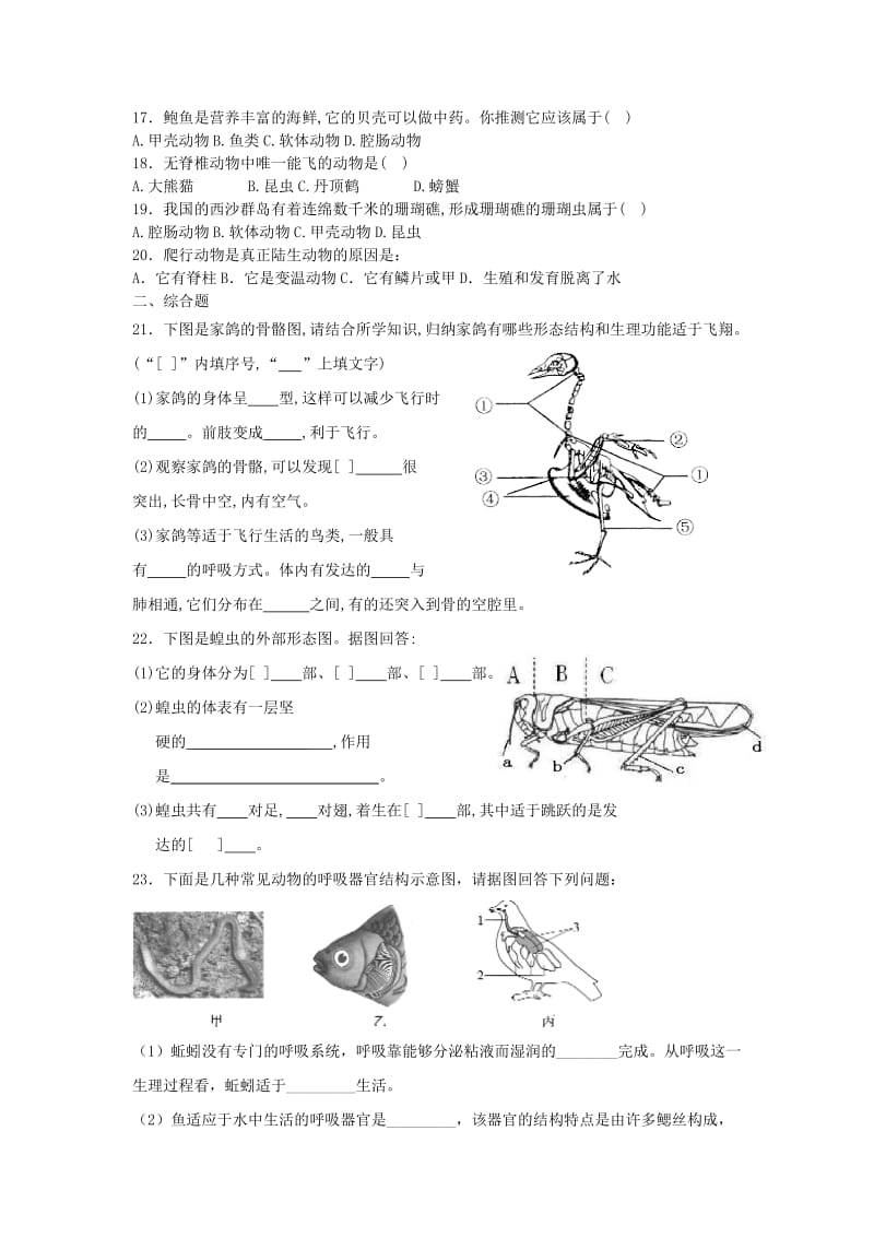 2019-2020年八年级生物上册 复习题（一） 新人教版.doc_第2页