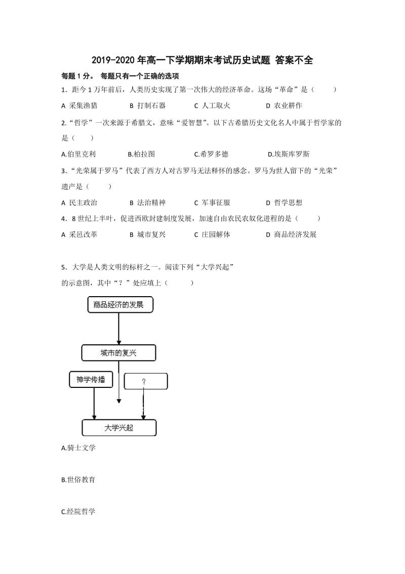 2019-2020年高一下学期期末考试历史试题 答案不全.doc_第1页