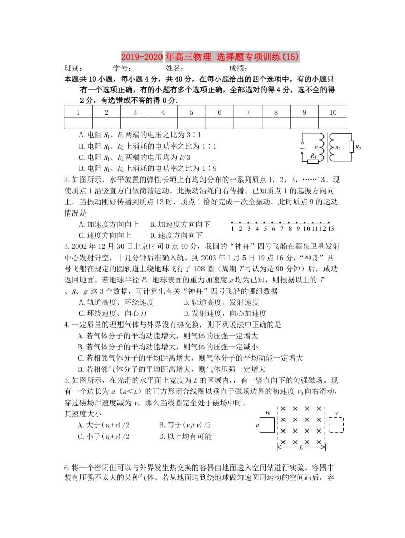 2019-2020年高三物理 选择题专项训练(15).doc_第1页