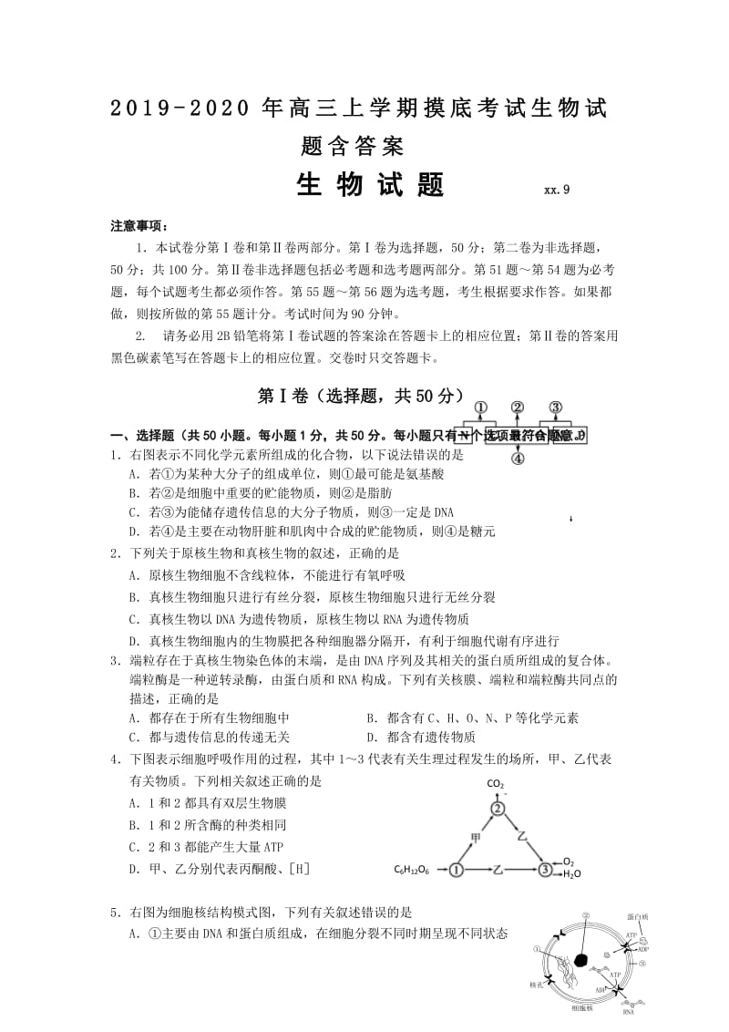 2019-2020年高三上学期摸底考试生物试题含答案.doc_第1页