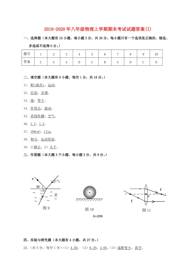 2019-2020年八年级物理上学期期末考试试题答案(I).doc_第1页