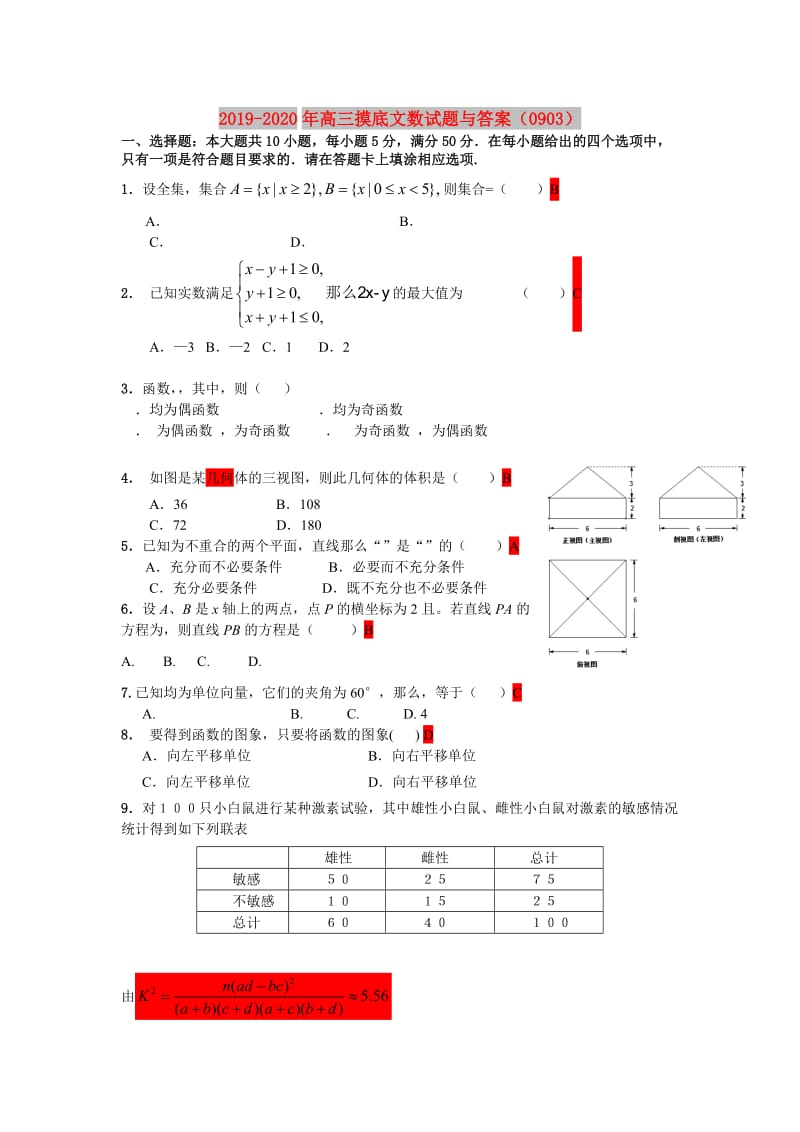 2019-2020年高三摸底文数试题与答案（0903）.doc_第1页