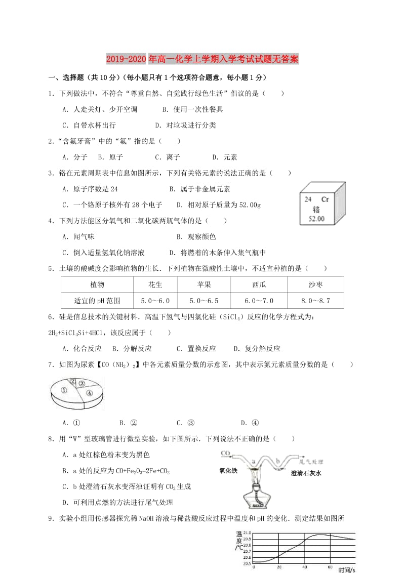 2019-2020年高一化学上学期入学考试试题无答案.doc_第1页