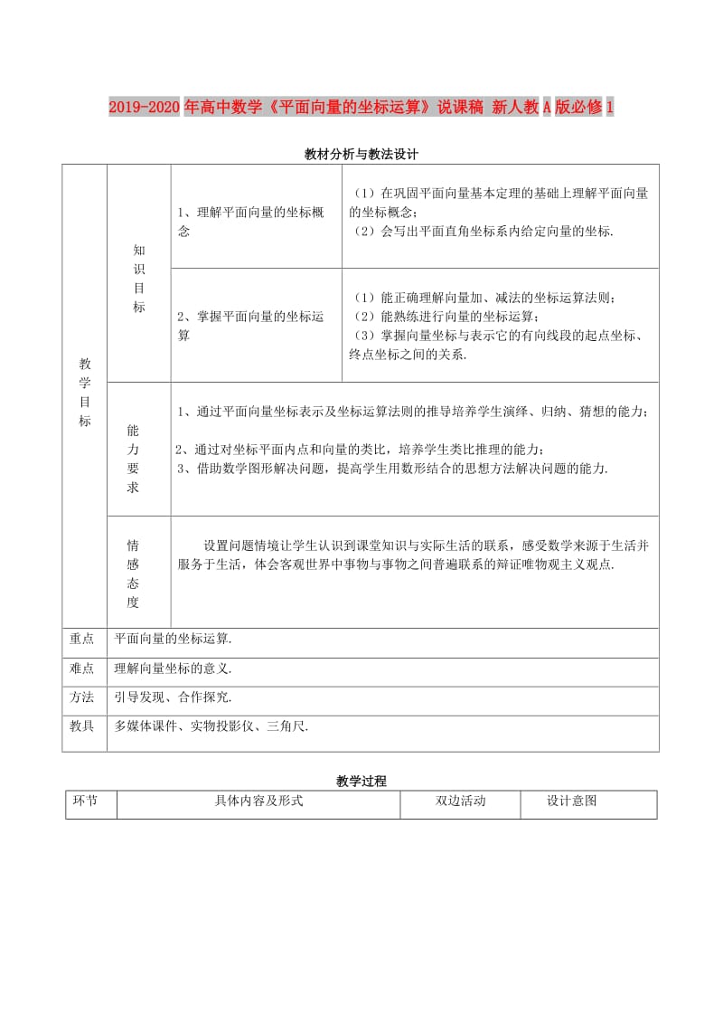 2019-2020年高中数学《平面向量的坐标运算》说课稿 新人教A版必修1.doc_第1页