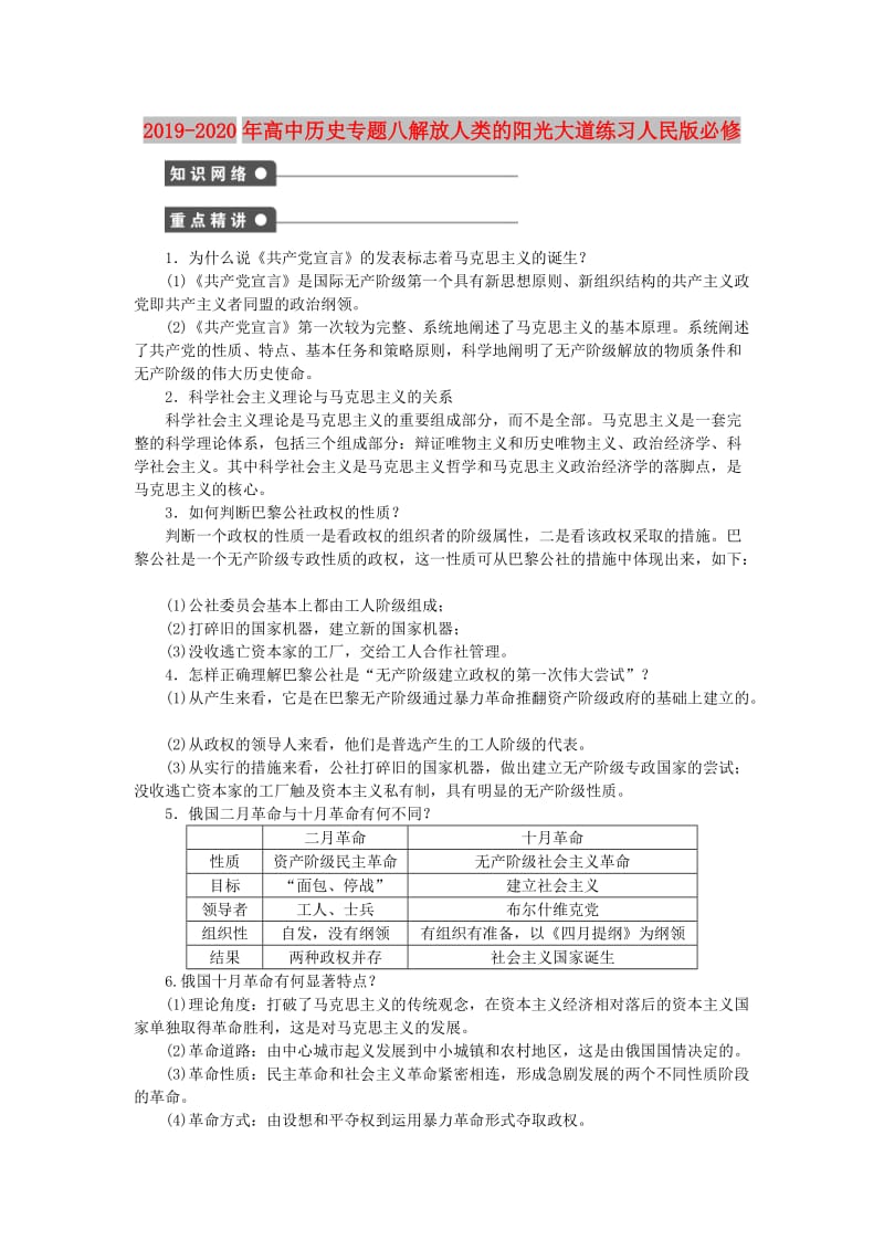 2019-2020年高中历史专题八解放人类的阳光大道练习人民版必修.doc_第1页