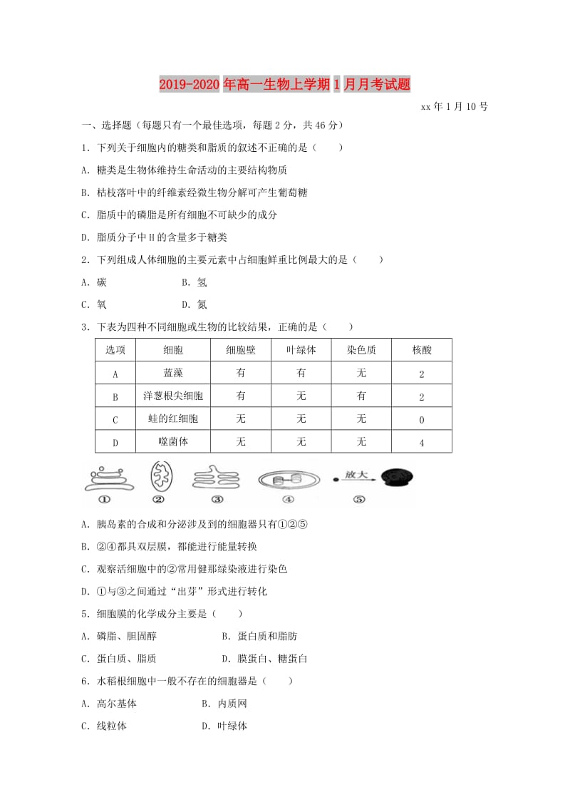 2019-2020年高一生物上学期1月月考试题.doc_第1页