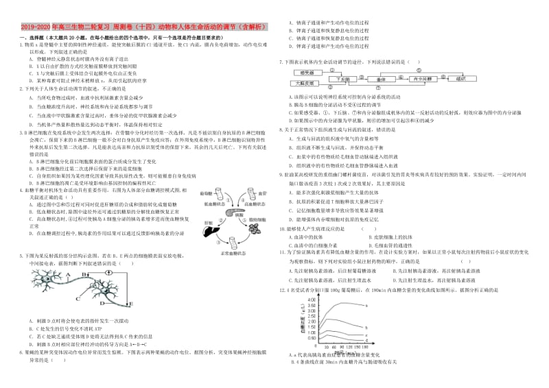 2019-2020年高三生物二轮复习 周测卷（十四）动物和人体生命活动的调节（含解析）.doc_第1页