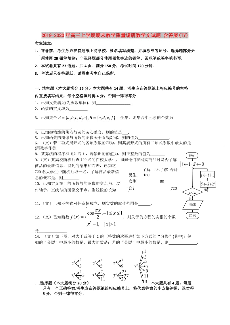 2019-2020年高三上学期期末教学质量调研数学文试题 含答案(IV).doc_第1页